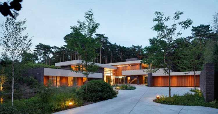 Una casa con mucho estilo en medio de un bosque de pinos