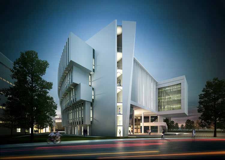 Un complejo universitario con una arquitectura e iluminación únicas